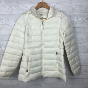 St Johns Bay Women's Small PETITE Packable Puffer Jacket Coat Hooded White